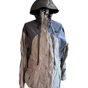REI Women’s Hooded Outdoor Jacket Size Small Gray Tan Hiking Rain Shell